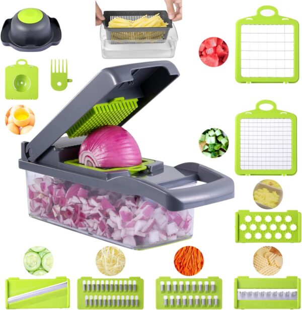 DUMAO 12 in 1 Vegetable Chopper, Multifunctional Mandoline Slicer Dicer Household Kitchen Manual Julienne Grater Cutter for Onion, Garlic, Carrot, Potato, Tomato, Fruit, Salad